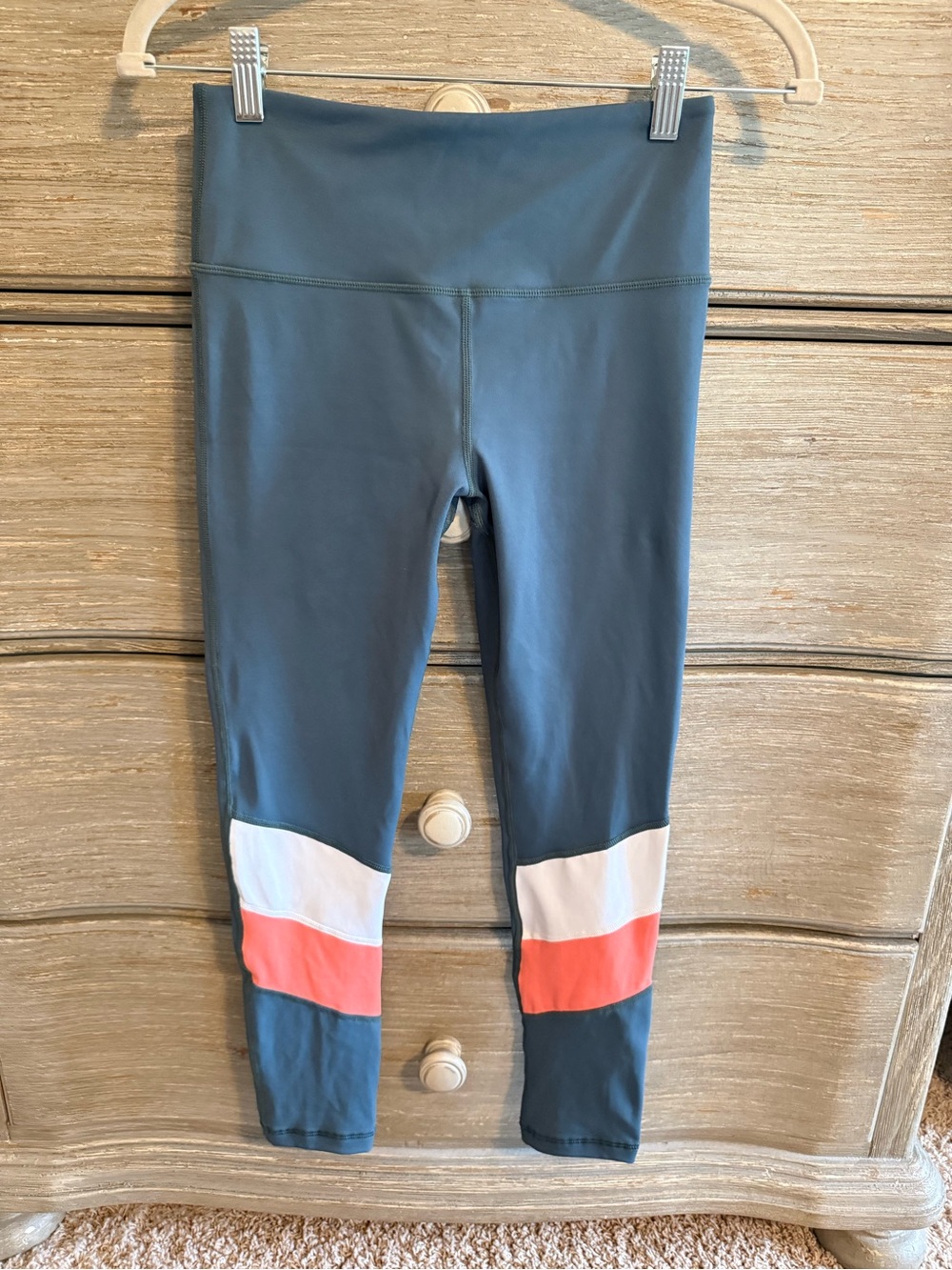 ZYIA Slate Blue Leggings with Coral and White Lower Panels